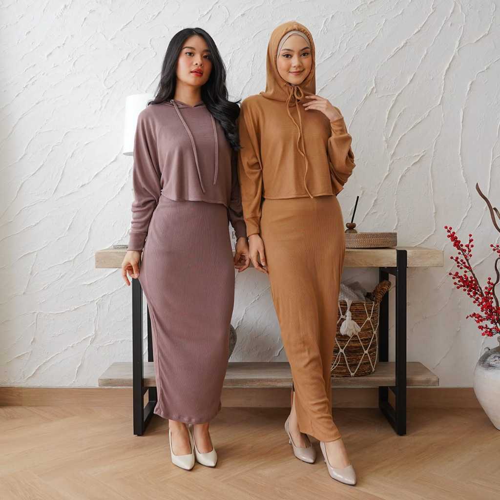 One Set Dress Knit Lisa | Setelan Hijab Set Hoodie Wanita Lengan Panjang Dengan Rok Panjang Polos