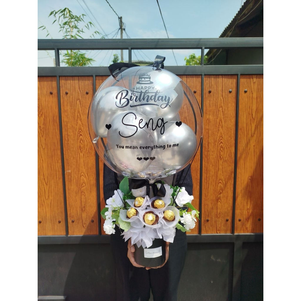 Bucket Balon Coklat Ferrero + Bunga Artificial Balon Bunga Wisuda Grand Opening Ulang Tahun Catsauru