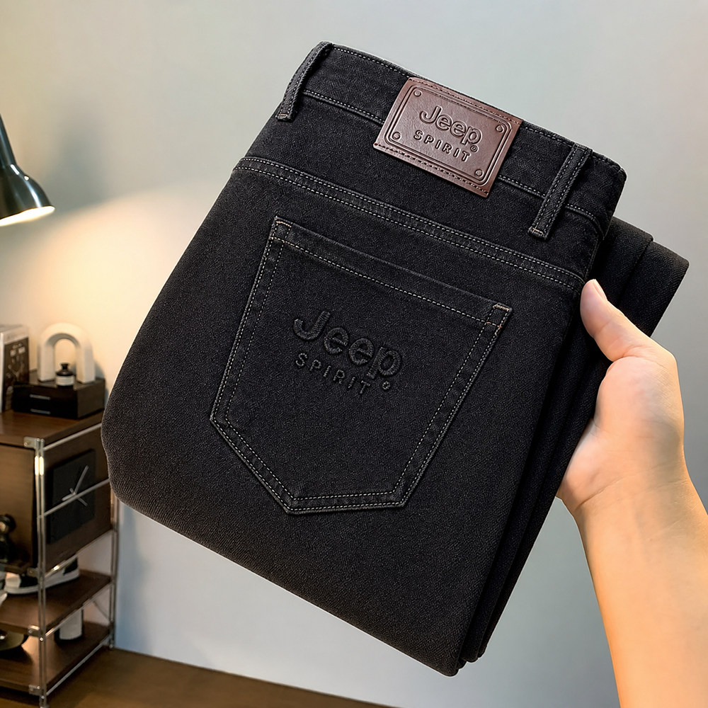 Jeep Celana jeans hitam untuk pria Potongan kaki lurus ramping Tren Retro Jeans serbaguna