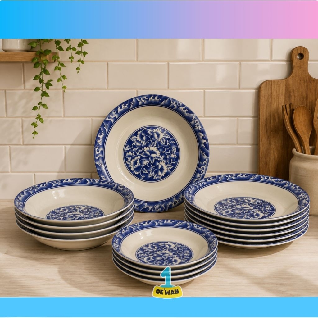 PIRING MAKAN MOTIF BUNGA/DAUN BIRU | PIRING SOUVENIR BLUE LEAVES | PIRING KERAMIK