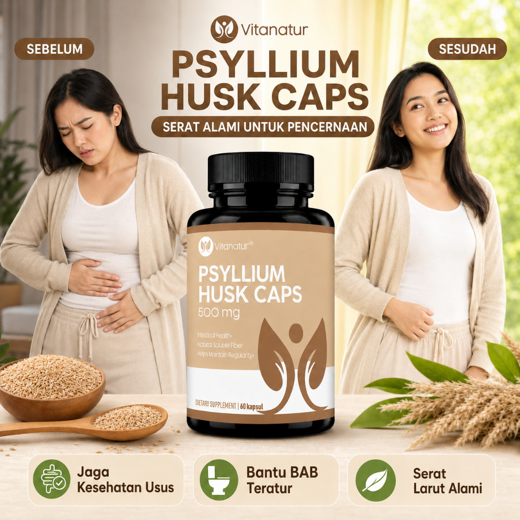 Vitanatur Psyllium Husk 500mg 60 Kapsul – Suplemen Serat Alami untuk Pencernaan, Kesehatan Usus & BA