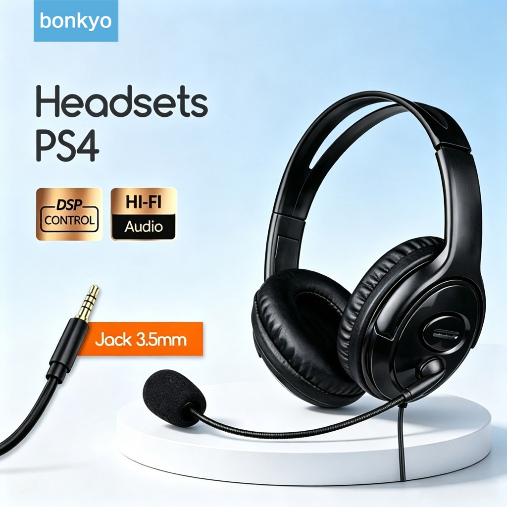 Bonkyo Headset komputer USB yang dipasang di kepala, headset permainan berkabel, headset telepon