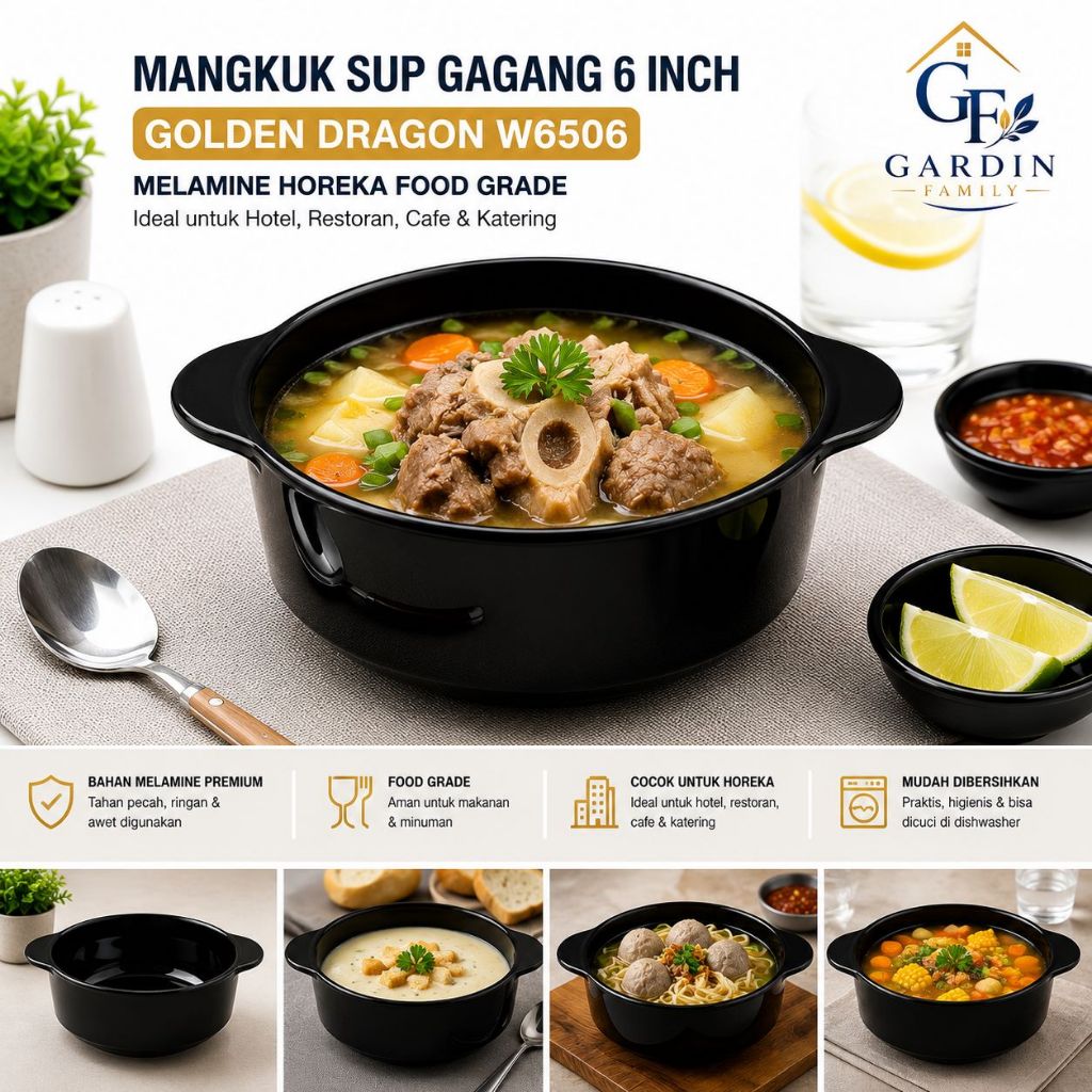 Mangkuk Sup Gagang 6 Inch Hitam Golden Dragon W6506 | Mangkuk Melamine Horeka Food Grade untuk Hotel