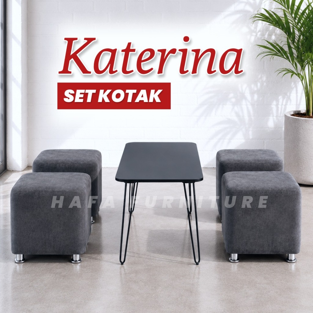 Set Stool Kotak KATERINA 4 Stool Kotak 1 Meja Panjang Minimalis Kain Bludru Katerina Ruang Tamu Cafe