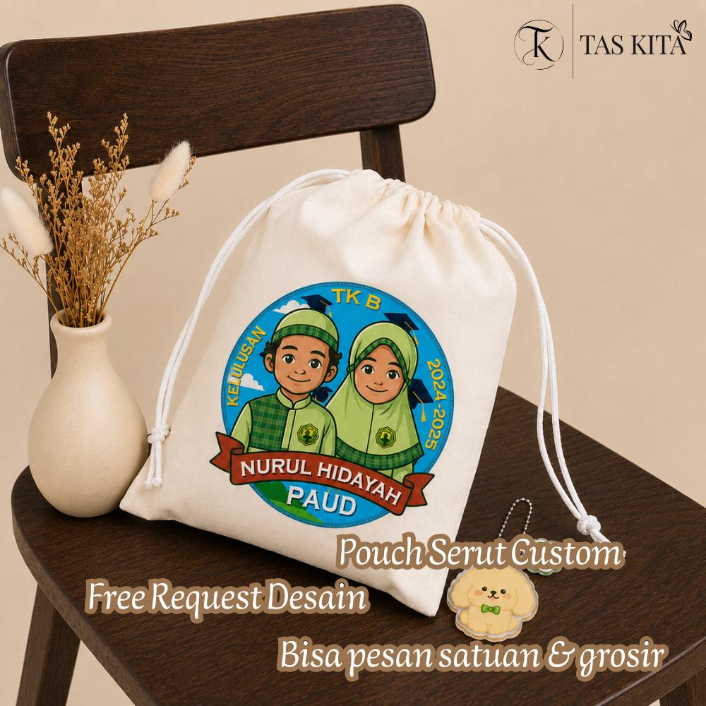 Pouch Serut Custom Murah - Tas Serut Kanvas Premium Printing Logo Brand Foto Nama Souvenir Event Sem