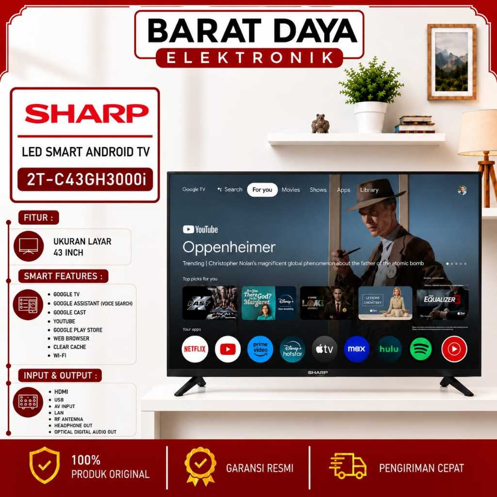 SHARP LED TV 43 INCH ANDROID SMART DIGITAL SHARP 2K GOOGLE TV 2T-C43GH3000I