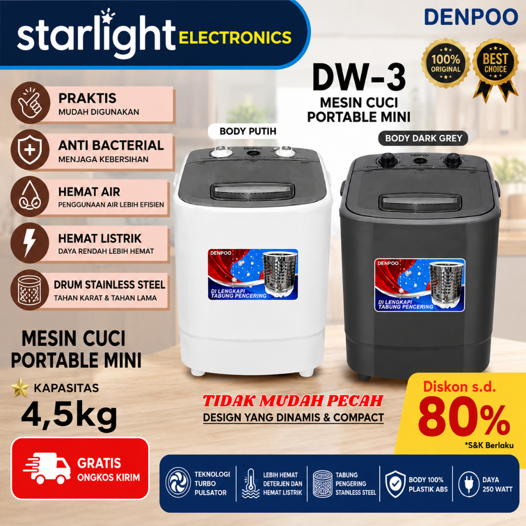 Mesin Cuci Portable DENPOO 4.5 Kg DW 3 / Mesin Cuci Mini Denpoo