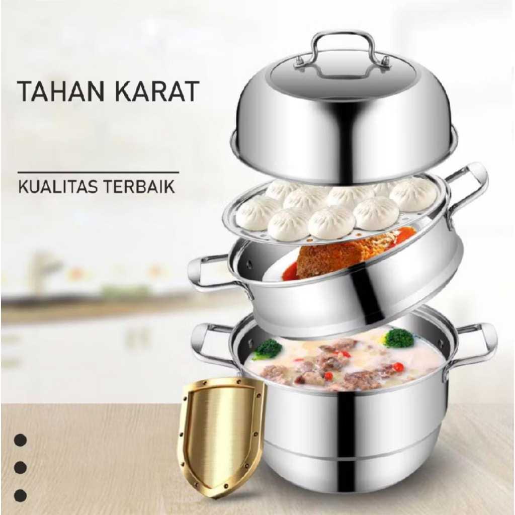Panci Steamer Stainless Steel 3 Susun Panci Serbaguna Panci Kukus Steamer Tingkat Dimsum Kukusan