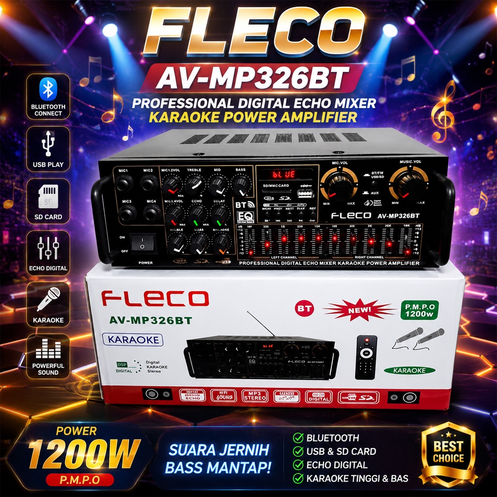 Amplifier Karaoke Home Theater 2000W Sunbuck AV-Mp326BT - AMPLIFIER BLUETOOTH FLECO AVMP326BT