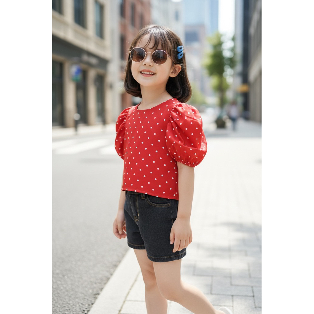 Blouse Polkadot tangan balon | atasan anak perempuan merah putih agustusan