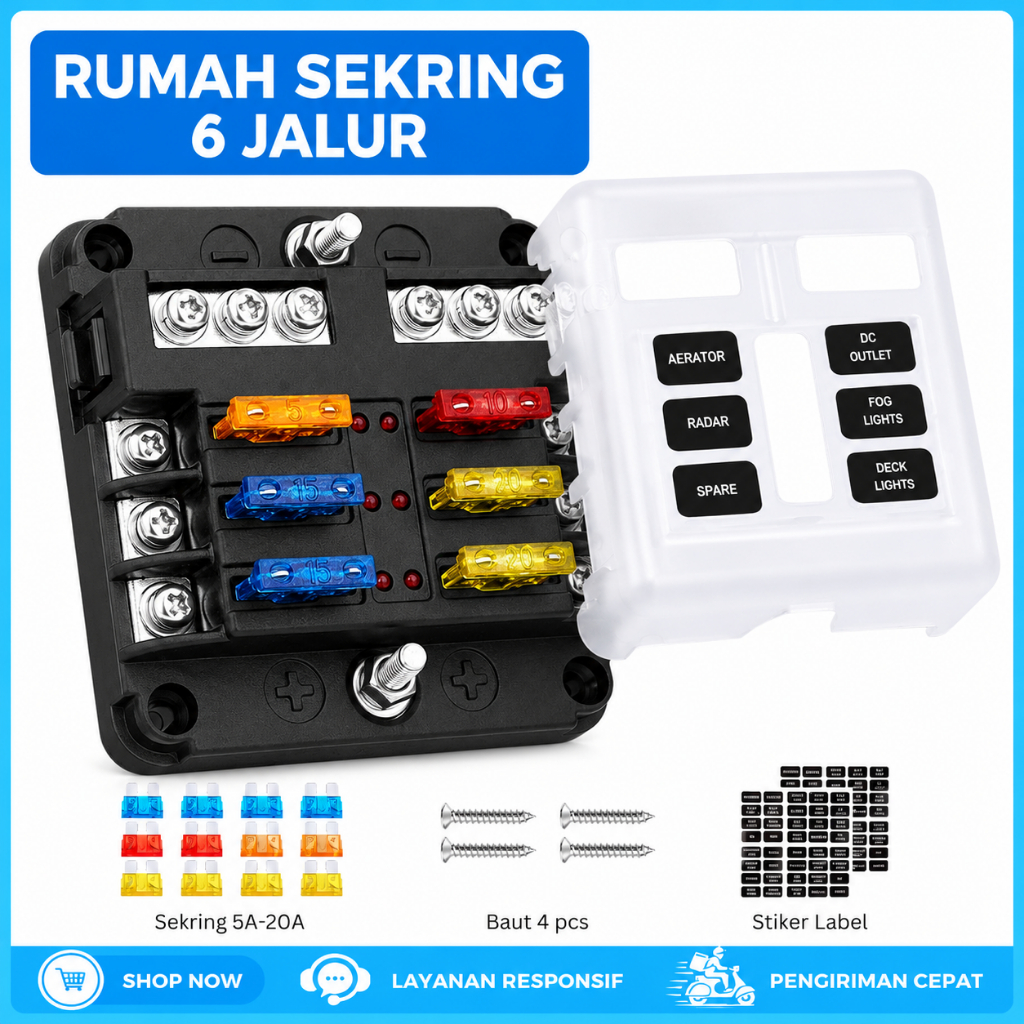 6-Way Blade Fuse Box Holder Sekring Box Dengan Indikator LED Fuse Block Waterproof
