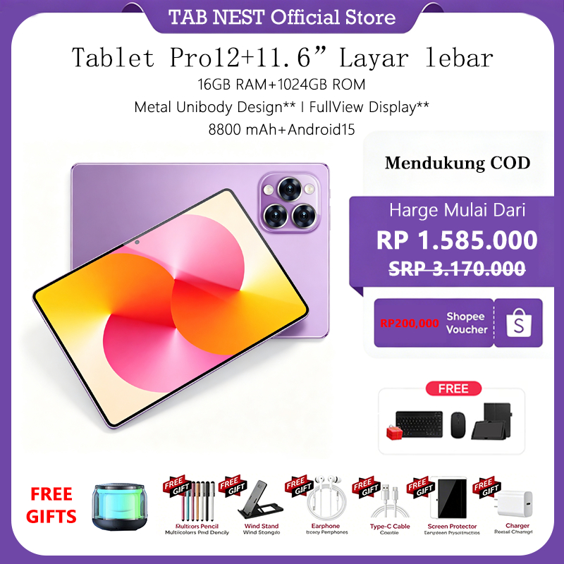 [Gratis Case Mouse Keyboard] Tablet Android Galaxy Pro12 | 11.6 Inch lPS Screen | Android 15 | Dual 