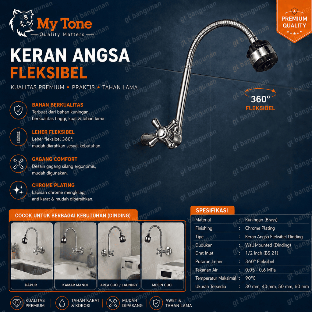 Kran Angsa Fleksibel My Tone 360° – Kuningan Chrome untuk Dapur, Kamar Mandi & Laundry