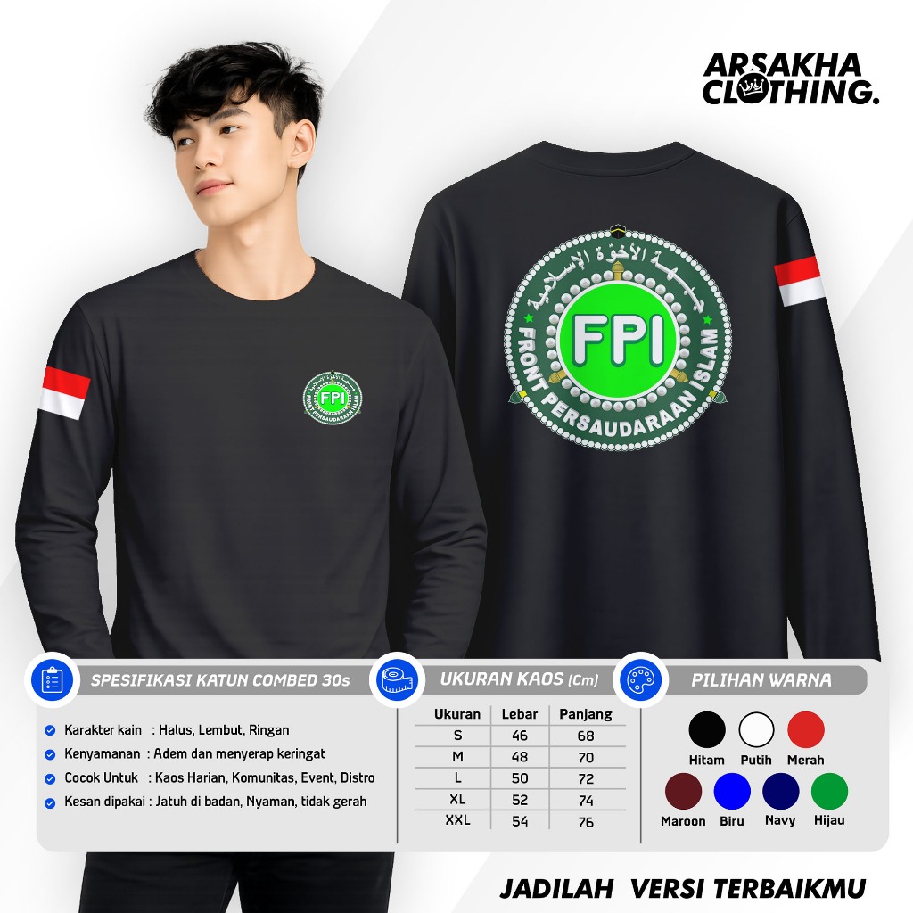 Kaos Lengan Panjang FPI Front Persaudaraan Islam Baru V2 Cotton Combed 30s NC Sablon DTF Arsakha Clo