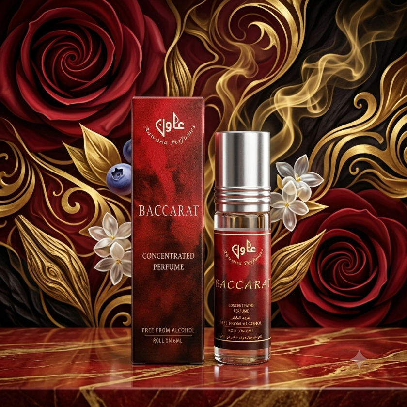 Parfum Roll On Baccarat Tanpa Alkohol 6ML, Kemasan Merah Emas, Aroma Elegan