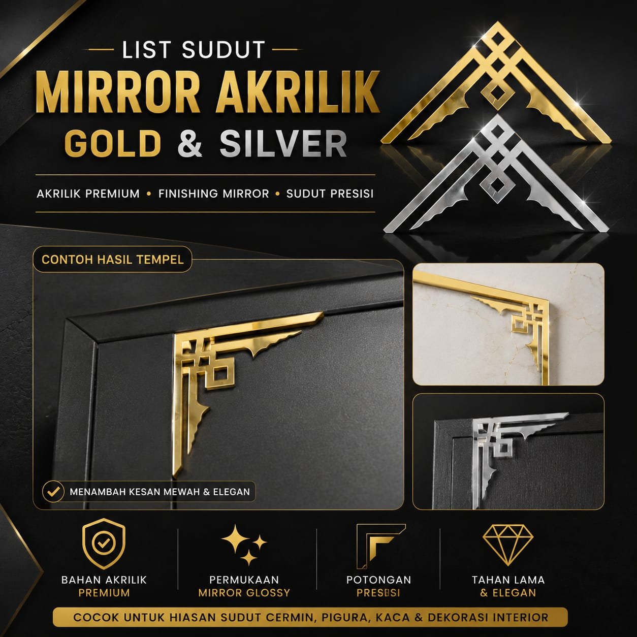 KM List Mirror Wall Sticker Gold Dekorasi Sudut Siku Stiker Dekorasi Motif Strip Hairline Dekor List