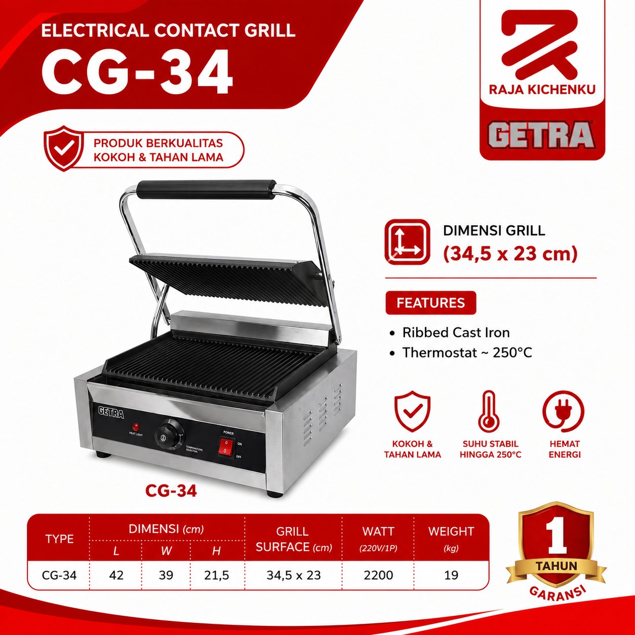 GETRA Electric Contact Grill CG-34 / CG34 / CG 34 Pemanggang Listirk
