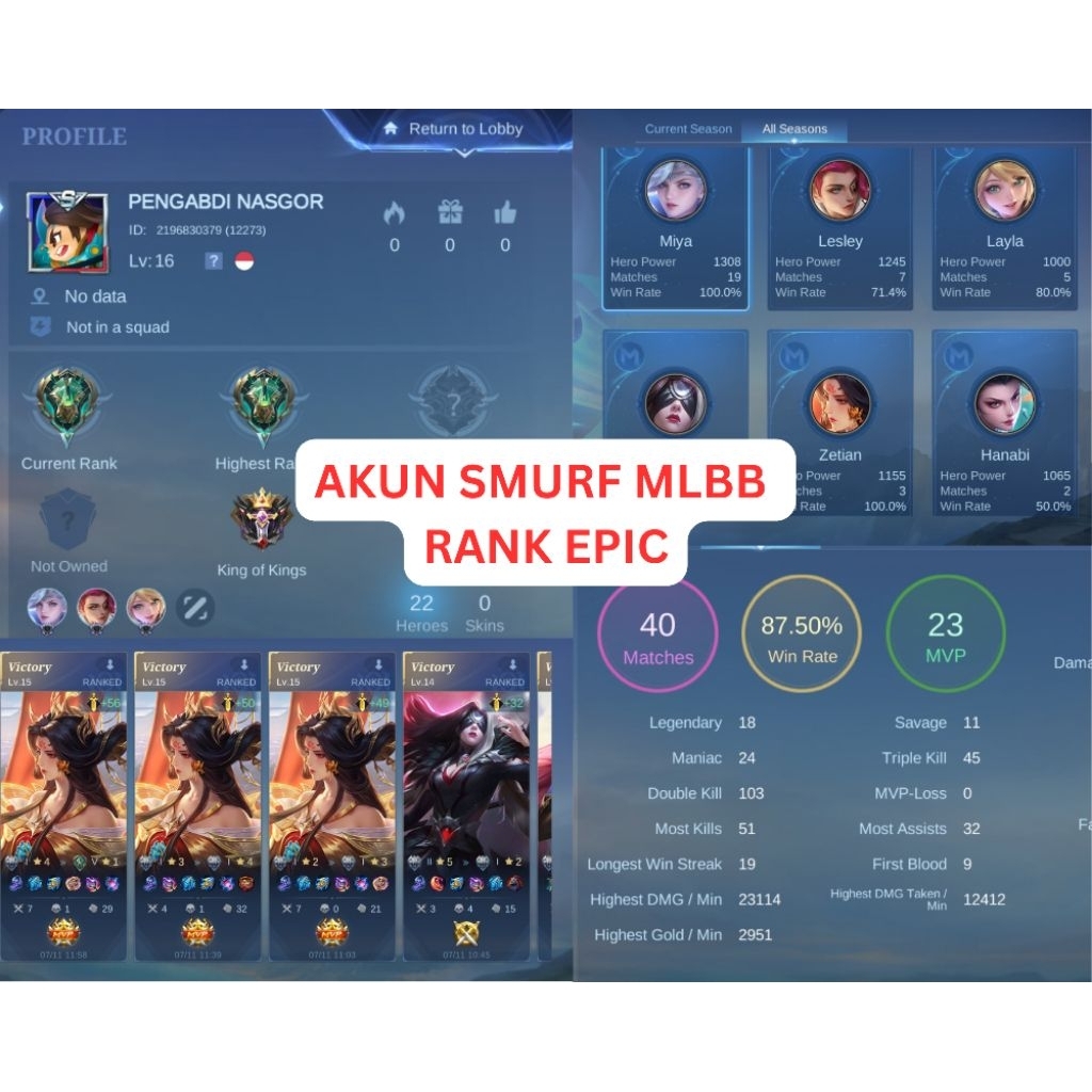 AKUN SMURF MLBB RANK EPIC
