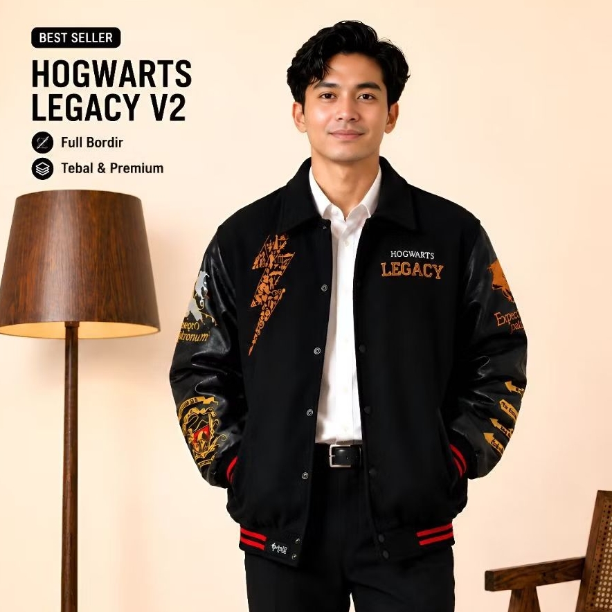 Hogwarts Legacy V2 Varsity Jacket Original Blackseven | Jaket Harry Potter Kulit Baseball Bordir