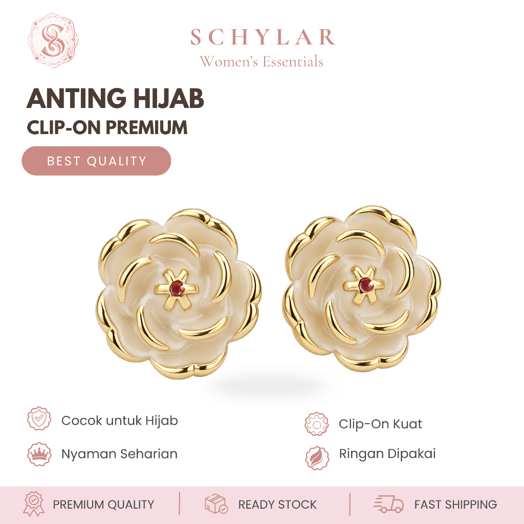 SCHYLAR Anting Hijab Bunga Mawar sepasang / Anting klip Mawar anti karat / Anting klip Hijab Mutiara