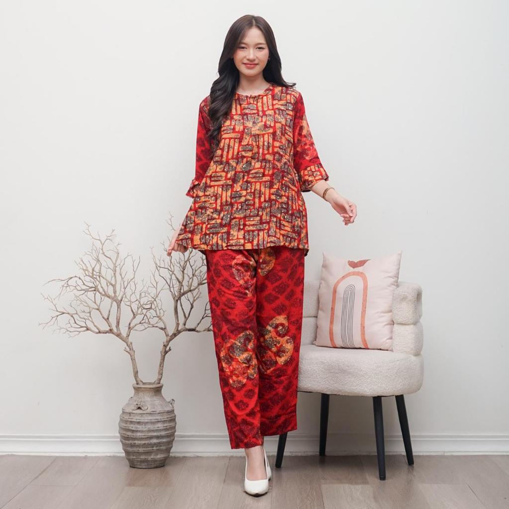 ONE SET - Setelan CP Lengan Rample Busui Friendly LD 110 Rayon Batik Cap Malaman