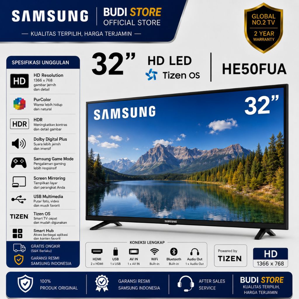Samsung 32 Inch HE50EFK HD LED Smart TV Tizen OS Digital TV HDR PurColor WiFi Garansi Resmi