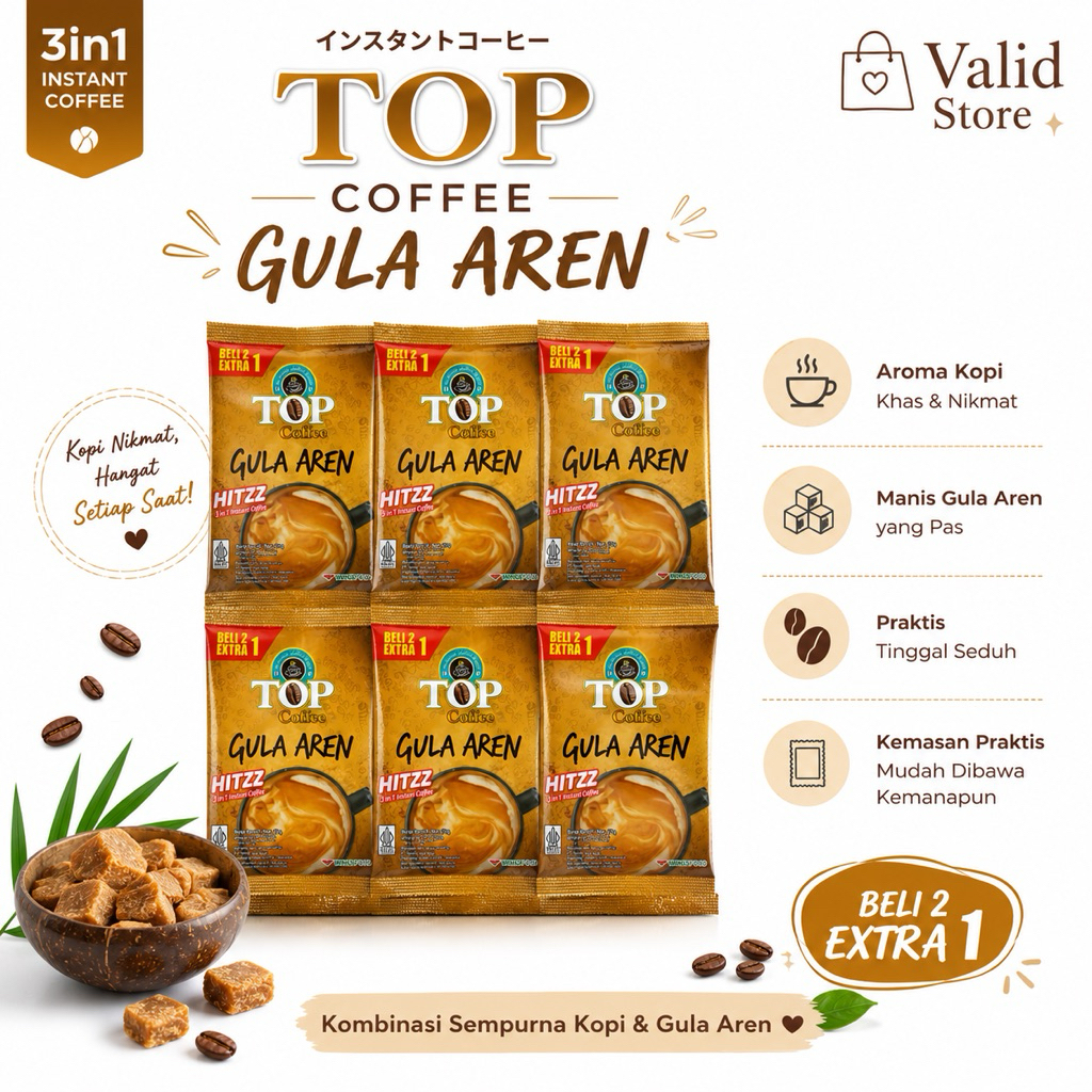 [3 pcs] Top Coffe Gula Aren - Top Kopi - Kopi Gula Aren