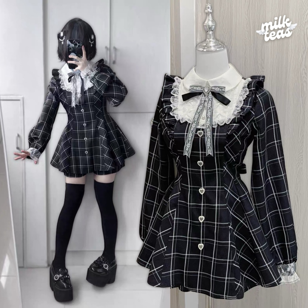 MILKTEAS Alice Dress - Dress Pendek Lengan Panjang Hitam Kawaii Style Harajuku Coquette Japanese Sty