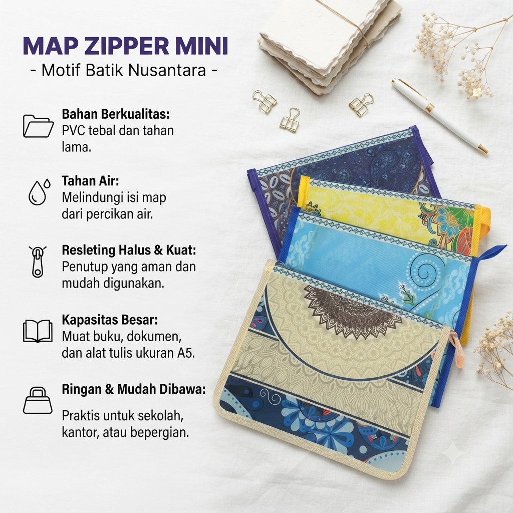 MAP ZIPPER BATIK MINI (A5) | Map Resleting Kecil (Size: 190x240x30mm) - Folder Dokumen Serbaguna Org