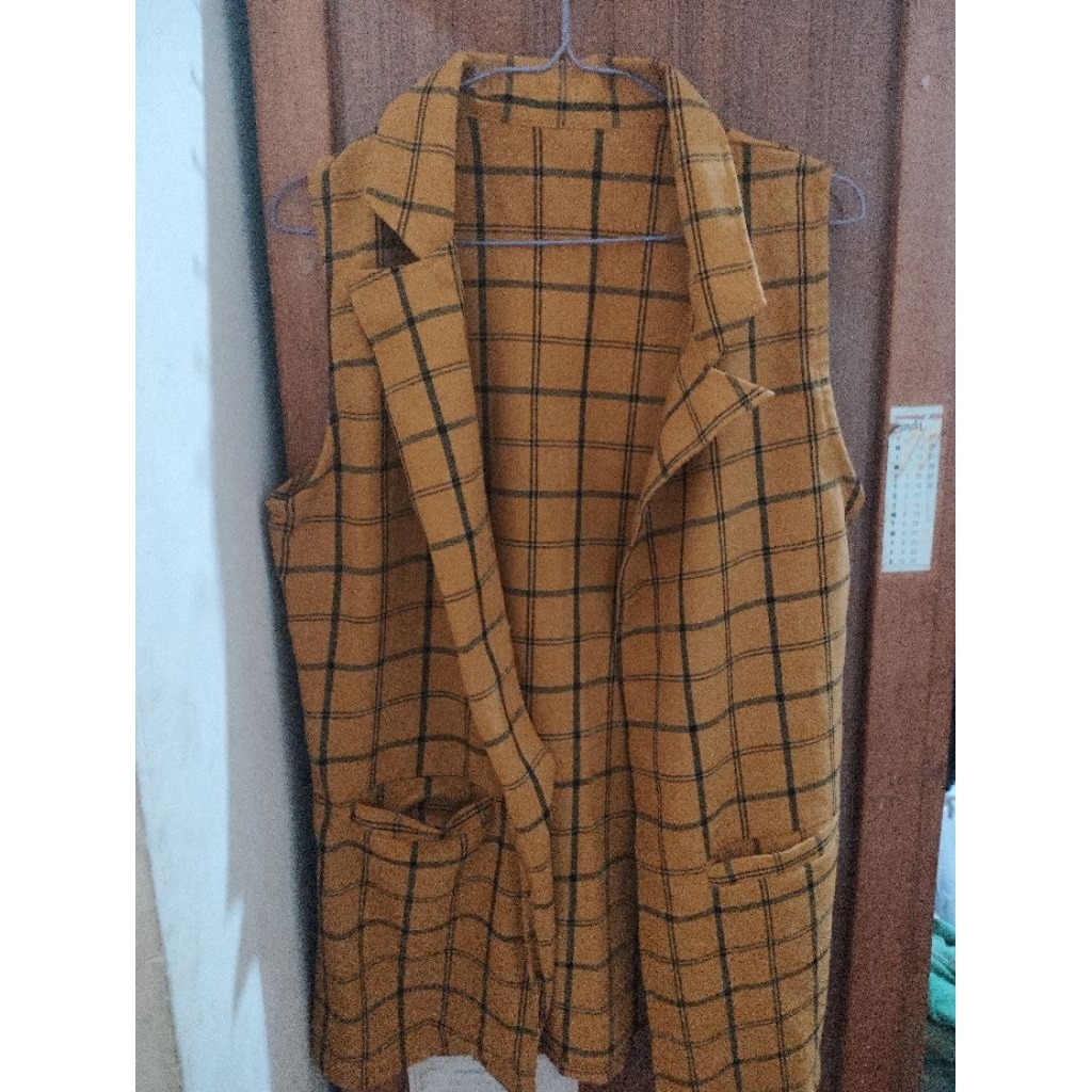 outer rompi vest motif kotak kotak panjang
