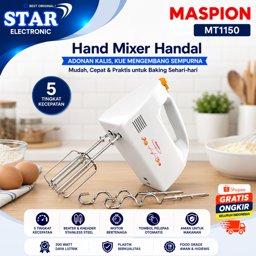 MASPION HAND MIXER MT1150/MT-1150/MT-1150 /MT 1150/MT-1150/PENGADUK ADONAN ORIGINAL BERGARANSI RESMI