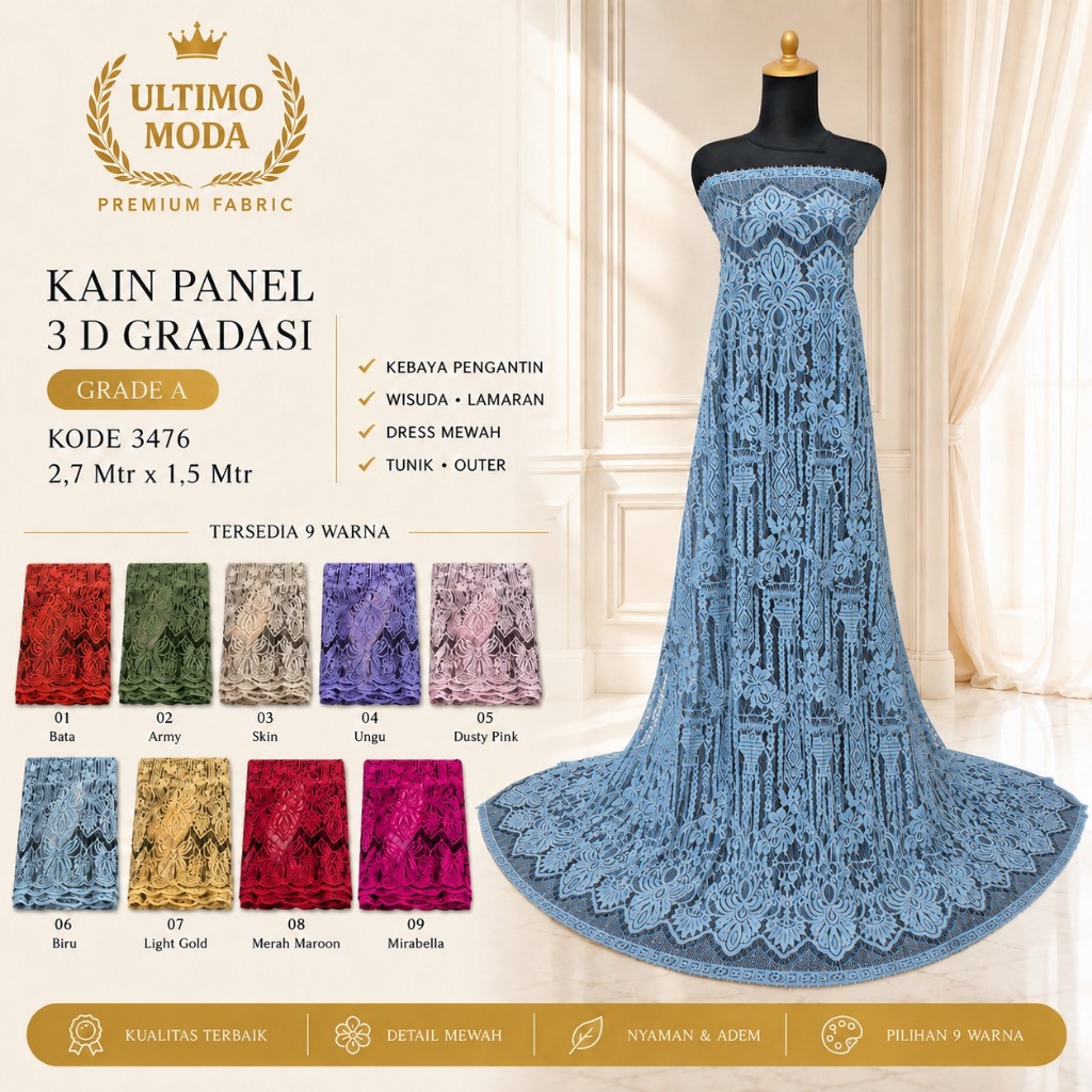 (GRADE A) KODE 3476 STEEL BLUE - KAIN PANEL BRUKAT 3 D GRADASI - P 2,7 M L 1,5 M - MEWAH DAN ELEGAN 