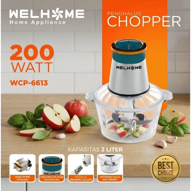 WELHOME CHOPPER PENGHALUS MANGKOK KACA 2L PISAU STAINLESS WCP 6613