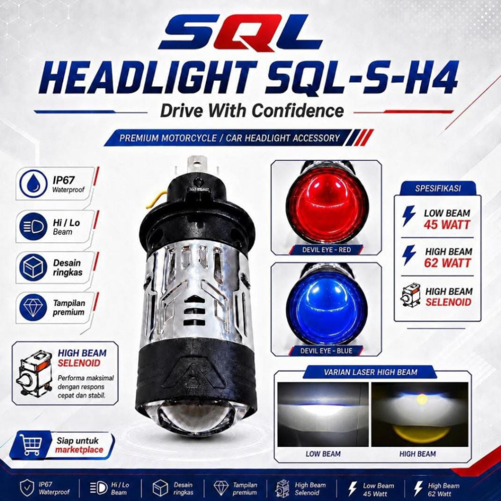 Lampu Mini Biled H4 SQL-S-H4 SQL TIPE S H4 High Beam Selenoid Devil Eye 62 Watt Headlight SQL BY AES