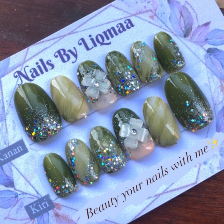 KUKU PALSU ARMY BUNGA /  KUKU PALSU WEDDING / NAIL ART ARMY / NAIL ART HIJAU
