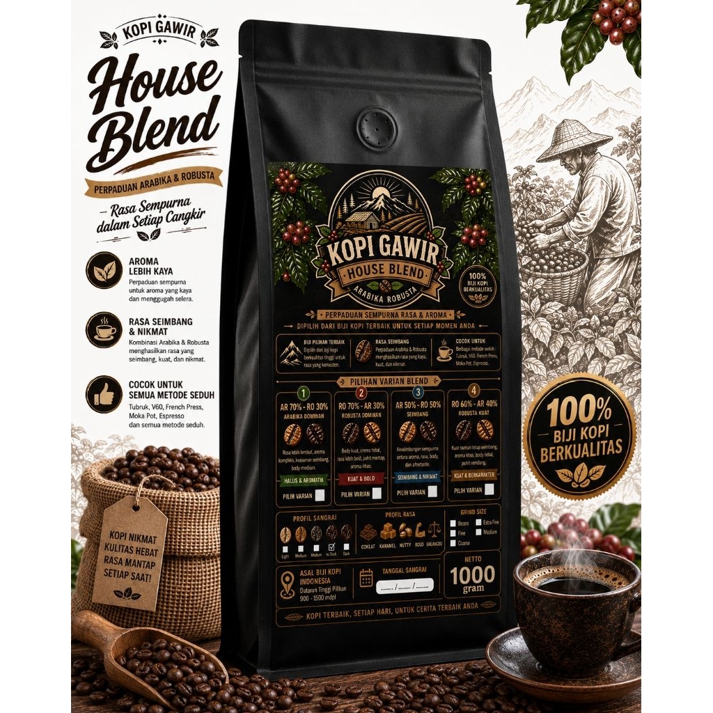 Kopi Gawir House Blend Premium - Biji Kopi Arabika Robusta Espresso Blend 1000g/1kg