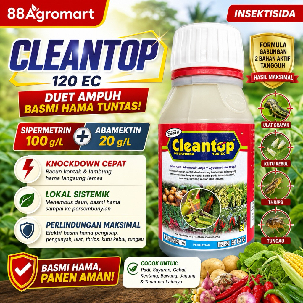 Cleantop 120 EC 100ml Insektisida Abamektin Sipermetrin Obat Ulat Thrips Kutu Kebul Lalat Buah Tunga