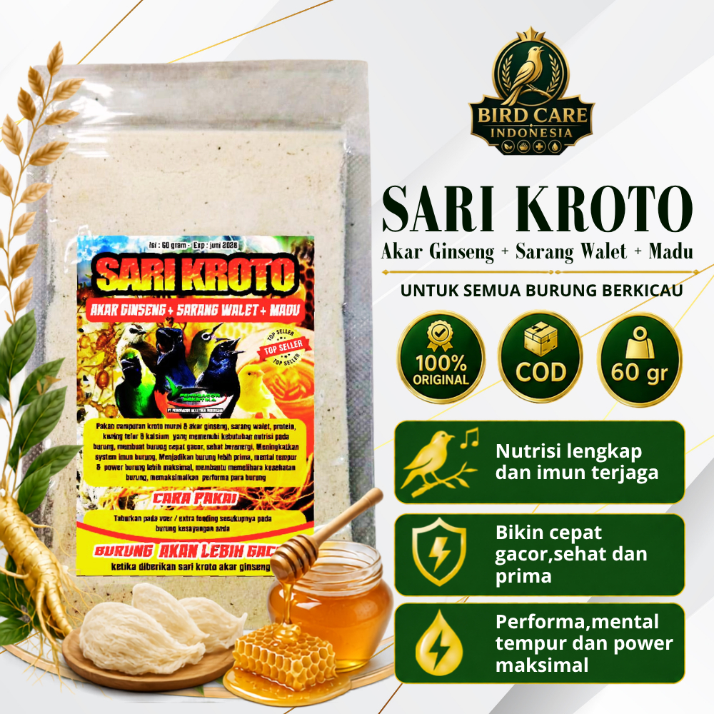Sari Kroto Ginseng Walet Madu 60gr Pakan Burung Gacor Super Protein Tinggi Penambah Stamina Juara