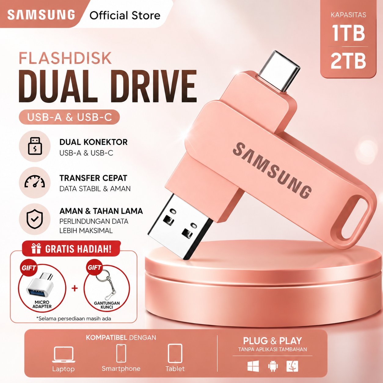 SAMSUNG Flashdisk Dual Drive Type C & USB-A 1TB 2TB OTG HP Android Laptop Pendrive Tahan Air & Bentu
