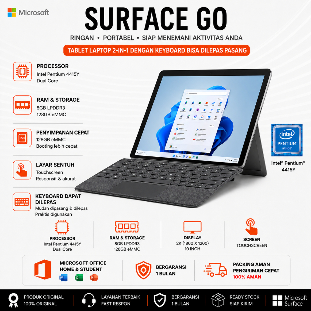 Microsoft Surface Go Intel Pentium 4415Y | RAM 8GB | SSD 128GB | 10" 1800×1200 Touchscreen | Windows