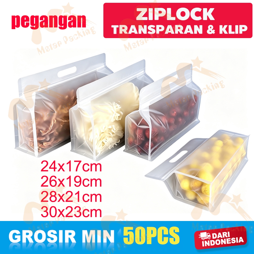 50PCS Pegangan Ziplock Transparan Matte & Klip Plastik Kemasan Makanan Serbaguna Untuk Beras Kacang 