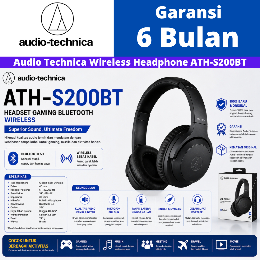 Headset Gaming Headphone Bluetooth Wireless Audio Technica ATH S200BT