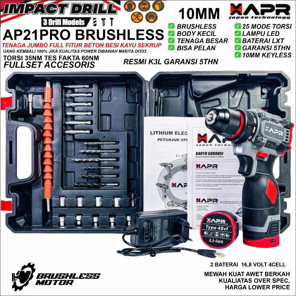 APR AP21PRO BOR Impact Drill BRUSHLESS 10mm Keyless Auto Lock 2Baterai SETARA AP24PRO