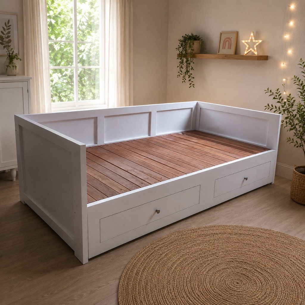 Dipan kayu Sorong minimalis modern idaman IKEA putih duco Natural