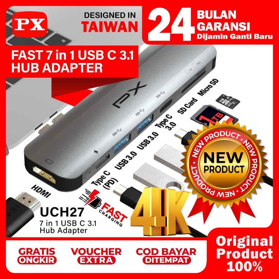 Converter Hub Adapter 7 in 1 Type C 3.1 to HDMI 4K USB PX UCH27