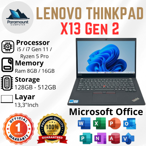 Lenovo ThinkPad X13 G2 Core i5 / i7 Gen 11 / Ryzen 5 Pro Ram 16GB SSD 256GB / 512GB  Layar 13,3 FHD