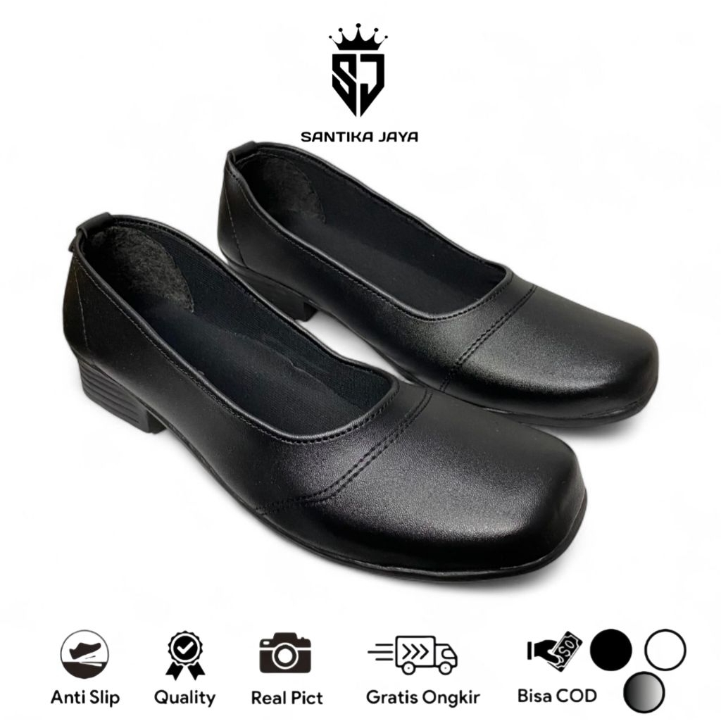 Sepatu Sekolah / Pantofel Paskibra Wanita Slip One Hitam Hak Tahu Anti Slip Bahan Kulit Sintetis || 