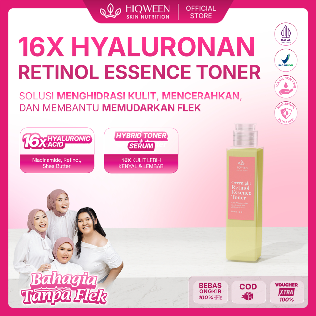 HIQWEEN - OVERNIGHT RETINOL ESSENCE TONER, 16 x hyaluronic acid menghidrasi kulit, melembabkan