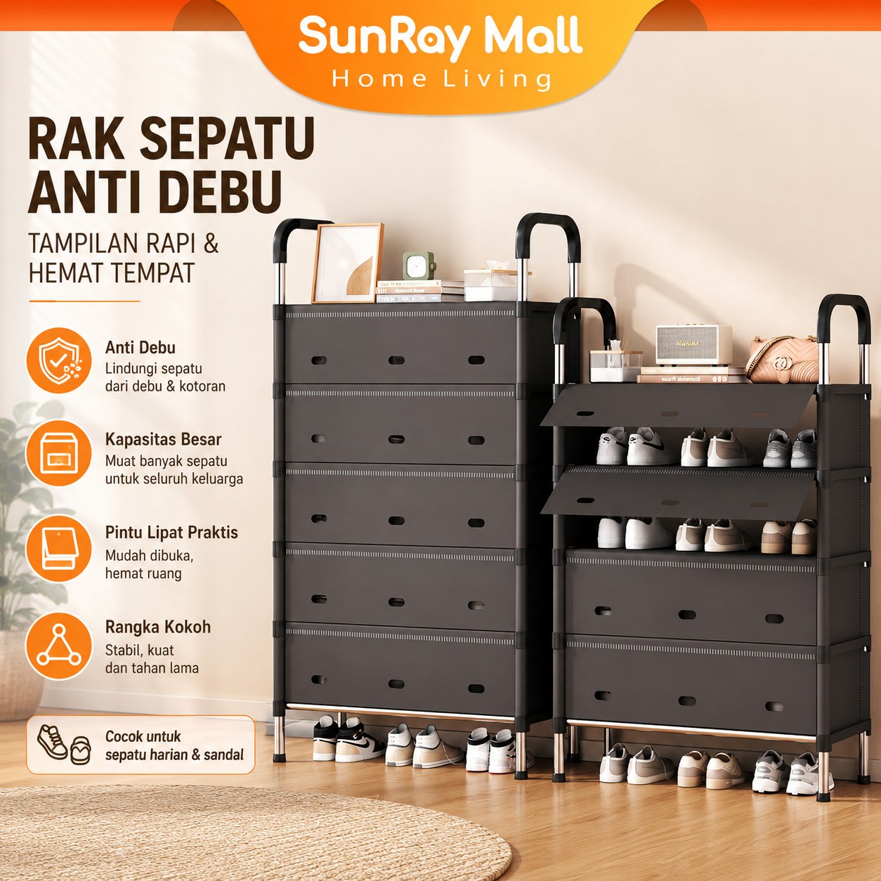 SALVO Rak Sepatu Besi Tertutup/Rak Sepatu Dapat Ditumpuk/Anti Debu Serbaguna&Aesthetic Minimalis
