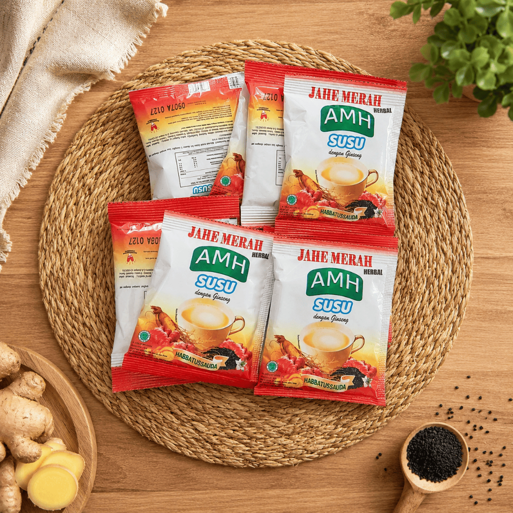 JAHE MERAH HERBAL SUSU + GINSENG AMH - Minuman Serbuk Jahe Merah Susu Dengan Ginseng (1 Renceng) - M